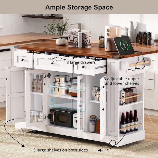 White Wood 53 in. Kitchen Island with Tempered Glass Door Storage