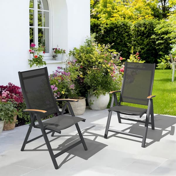 Folding Kitchen Chairs with Teak Armrests Waterproof Outdoor Dining Chair with 8 Backrest Positions in Black Set of 2