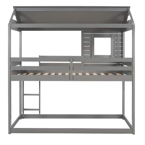 wetiny Gray Twin Over Twin Bunk Bed with Roof, Window, Guardrail, Ladder