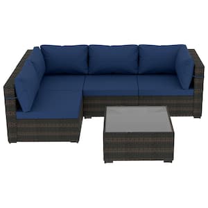 5-Piece Wicker Patio Conversation Sectional Seating Set with Navyblue Cushions