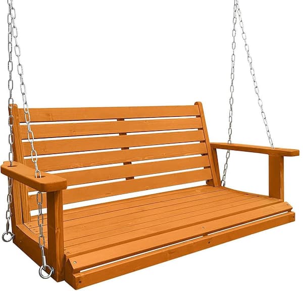 Innovaze 4 ft Wooden Porch Swing 2 Seater, with Ergonomic Seat, Hanging Chains, and 7mm Springs, Heavy Duty 800 lbs., Amber Tone