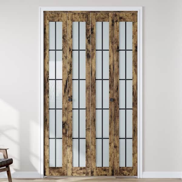 48 in. x 80 in. Full Lite Frosted Glass Brown Finished Solid MDF Bi-Fold Door with Hardware Kit