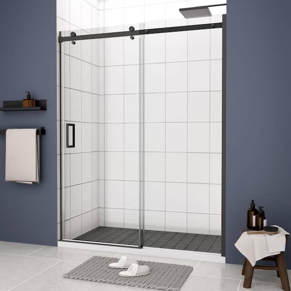 56-60 in. W x 74 in. H Sliding Semi-Frameless Shower Door in Matte Black Finish with Clear Glass