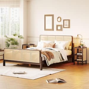 Rustic Style Walnut (Copper) Wood Frame Full Size Platform Bed with 2 Nightstands, Rattan Headboard and Footboard