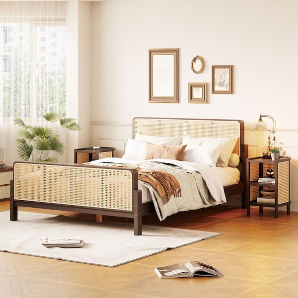 Harper & Bright Designs Rustic Style Walnut (Copper) Wood Frame Full Size Platform Bed with 2 Nightstands, Rattan Headboard and Footboard
