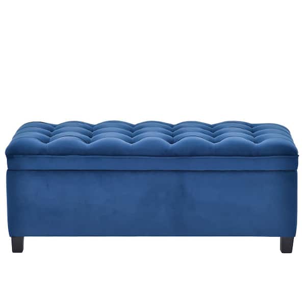 FORCLOVER Blue Upholstered Flip Top Storage Bench with Button Tufted Top Ottoman