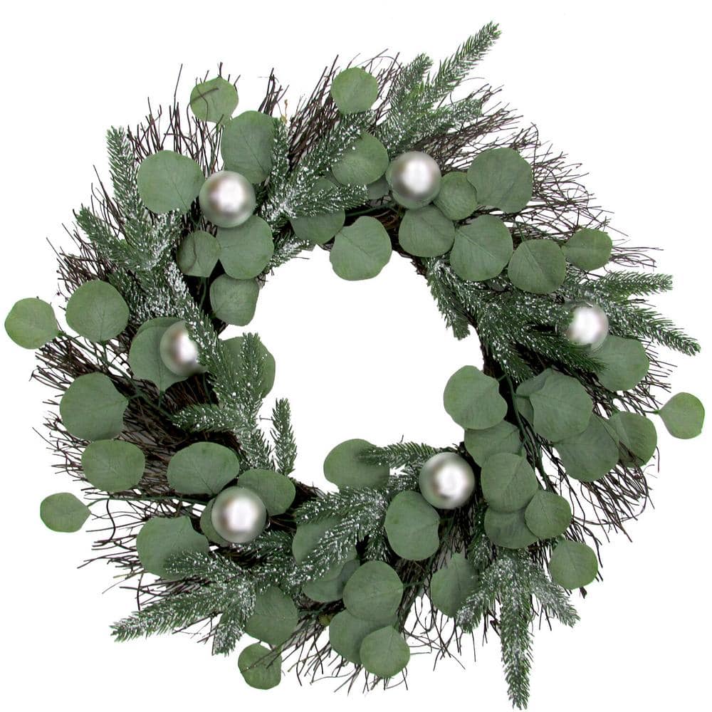 24 in. Artificial Christmas Wreath with Ornaments and Frosted Pine Branches
