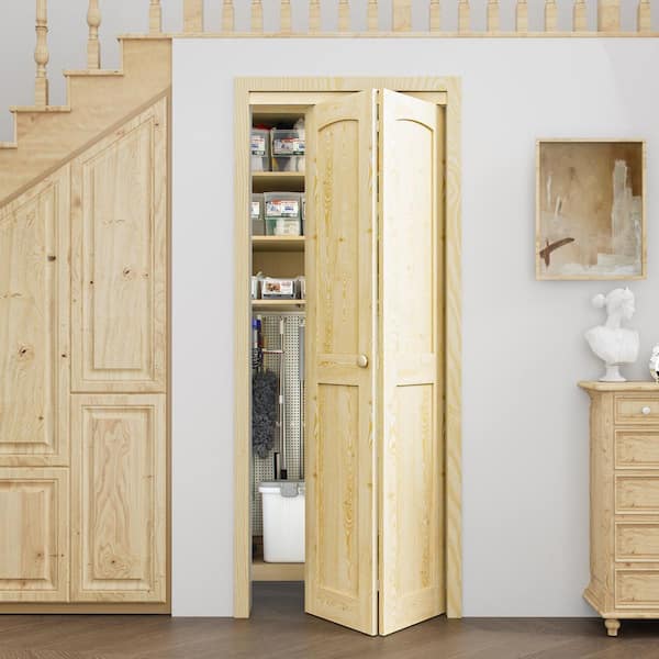 30 in. x 80 in. Arch Panel 2-Lite Solid Core Unfinished Pine Wood Interior Closet Bi-Fold Door with Hardware