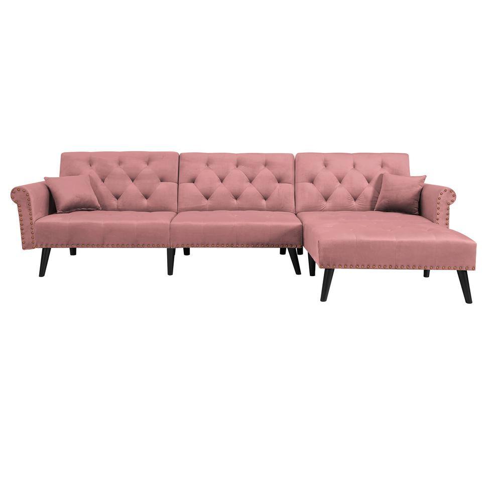 ANBAZAR 115 in. Pink Velvet Convertible Sofa Bed Sleeper with 2 Pillows