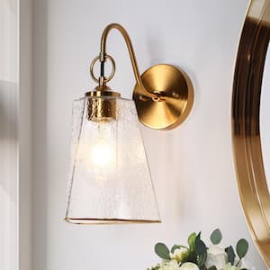 Modern 1-Light Plated Brass Wall Sconce with Textured Irregular Bell Glass Shade, Bedroom Wall Light, LED Compatible