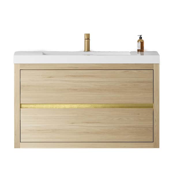 35.43 in. W x 19.69 in. D x 22.44 in. H Wall-Mounted Bath Vanity in Oak Natural Wood with White Resin Top