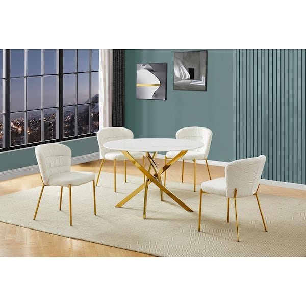 Best Quality Furniture Ruth 5-Piece White Marble Wrap Glass Top Gold Chrome Plated Base Dining Set with 4 Cream Chairs