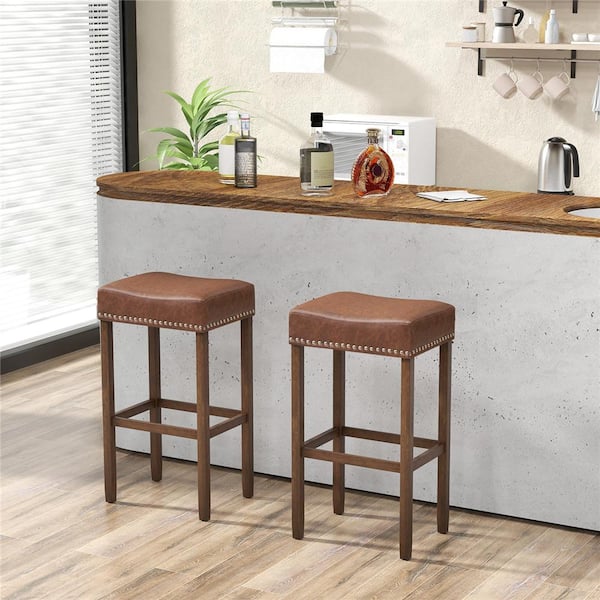 29.5 in. Brown Backless Wood Bar Stool with PU Seat Set of 2