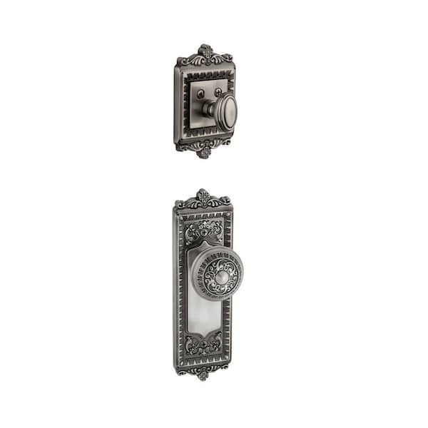 Grandeur Windsor Single Cylinder Antique Pewter Combo Pack Keyed Differently with Knob and Matching Deadbolt