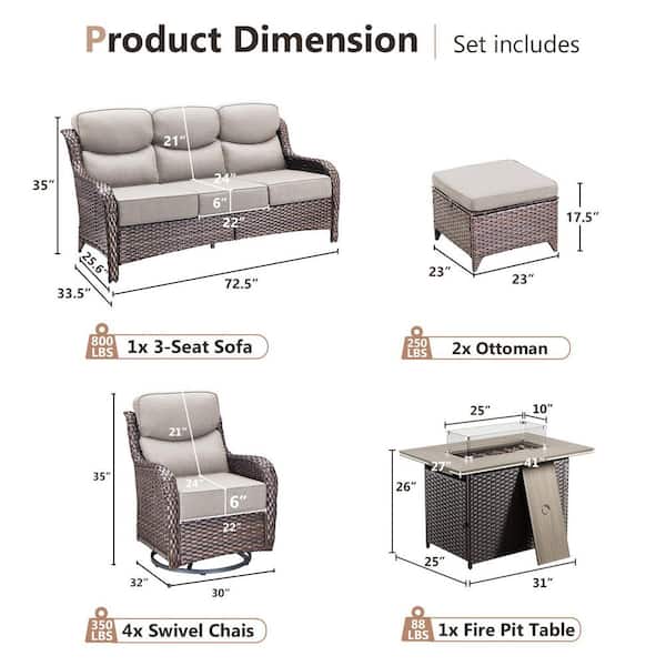MoonLuxe Brown Wicker Fire Pit Conversation Set with Beige Olefin 6 in. Thick Cushions Patio Swivel Chairs (8-Piece)
