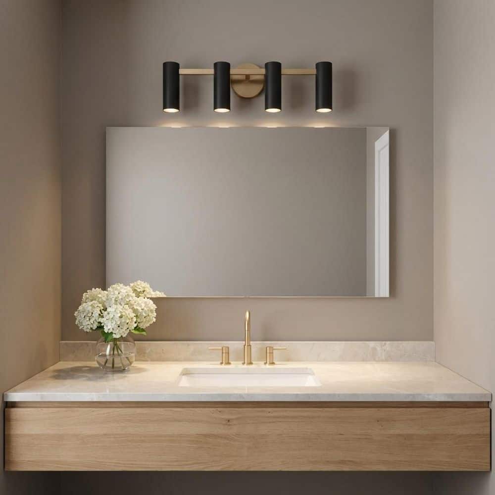Zentro 24 in. W x 7.38 in. H 4-Light Satin Brass Bathroom Vanity Light with Metal Shades, No Bulbs Included price history on PriceWatchPro