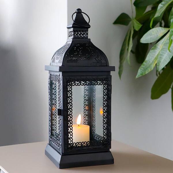 13 in. x 5 in. Black Metal Vintage Lantern without Candle