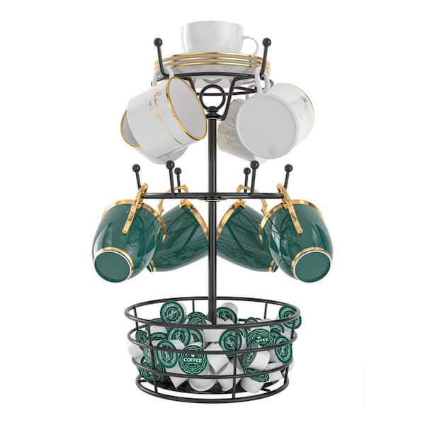 Rotatable Metal Coffee Mug Rack, 3-Tier Black Mug Tree with 10 Hooks Cup Pods abd Saucer Basket