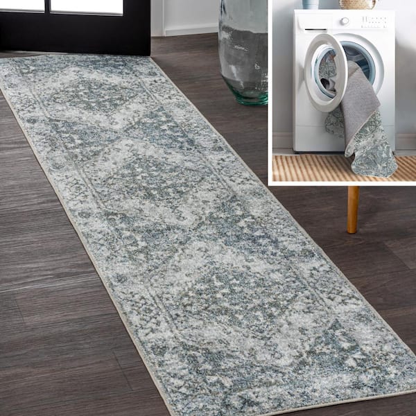 JONATHAN Y Light Gray/Blue 2 ft. x 8 ft. Pavel Distressed Medallion Low-Pile Machine-Washable Runner Rug