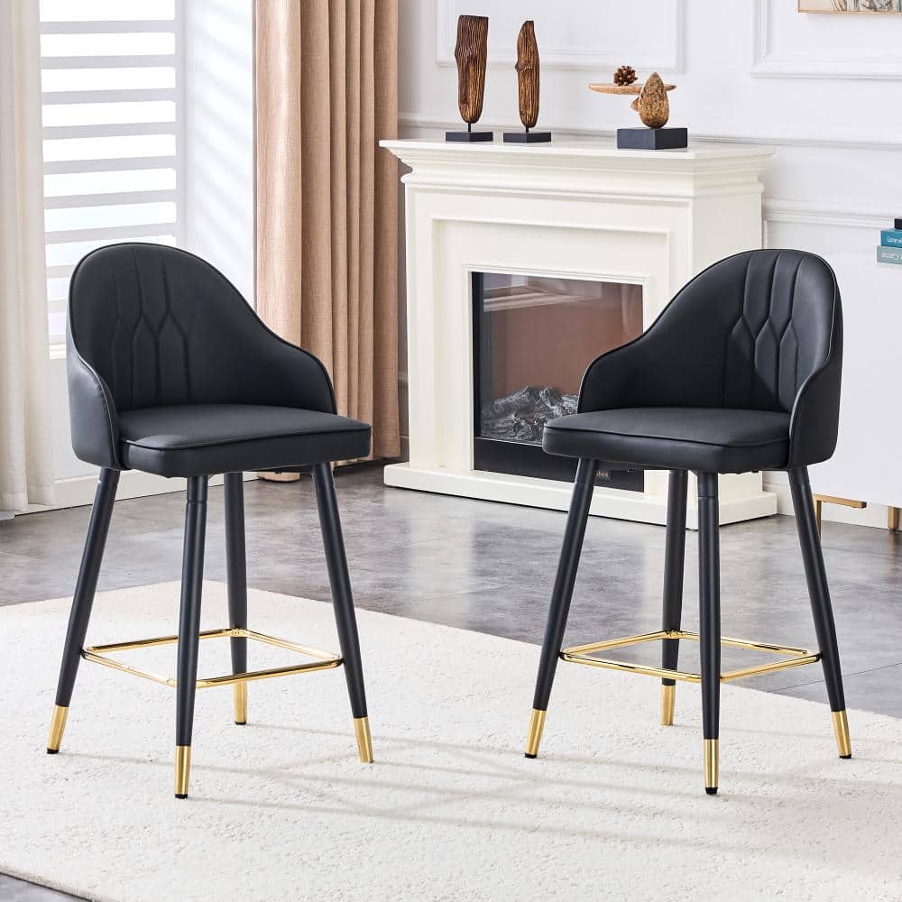 Black Set of 2 PU Leather Upholstered Bar Stools with Gold Gold Accent Footrest and Adjustable Foot price history on PriceWatchPro