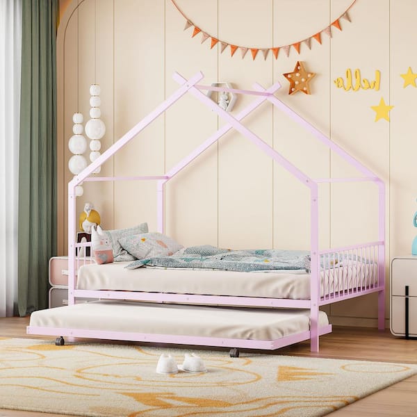 Harper & Bright Designs Pink Full Size Metal House Bed Platform Bed with Twin Size Trundle