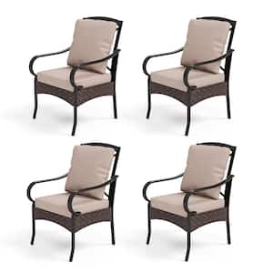 Black Metal Frame Outdoor Dining Chair with Beige Cushions (4-Pack)