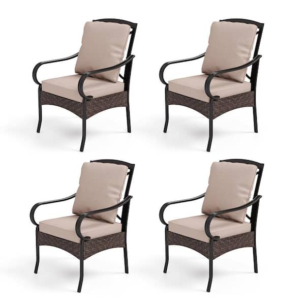 PHI VILLA Black Metal Frame Outdoor Dining Chair with Beige Cushions (4-Pack)