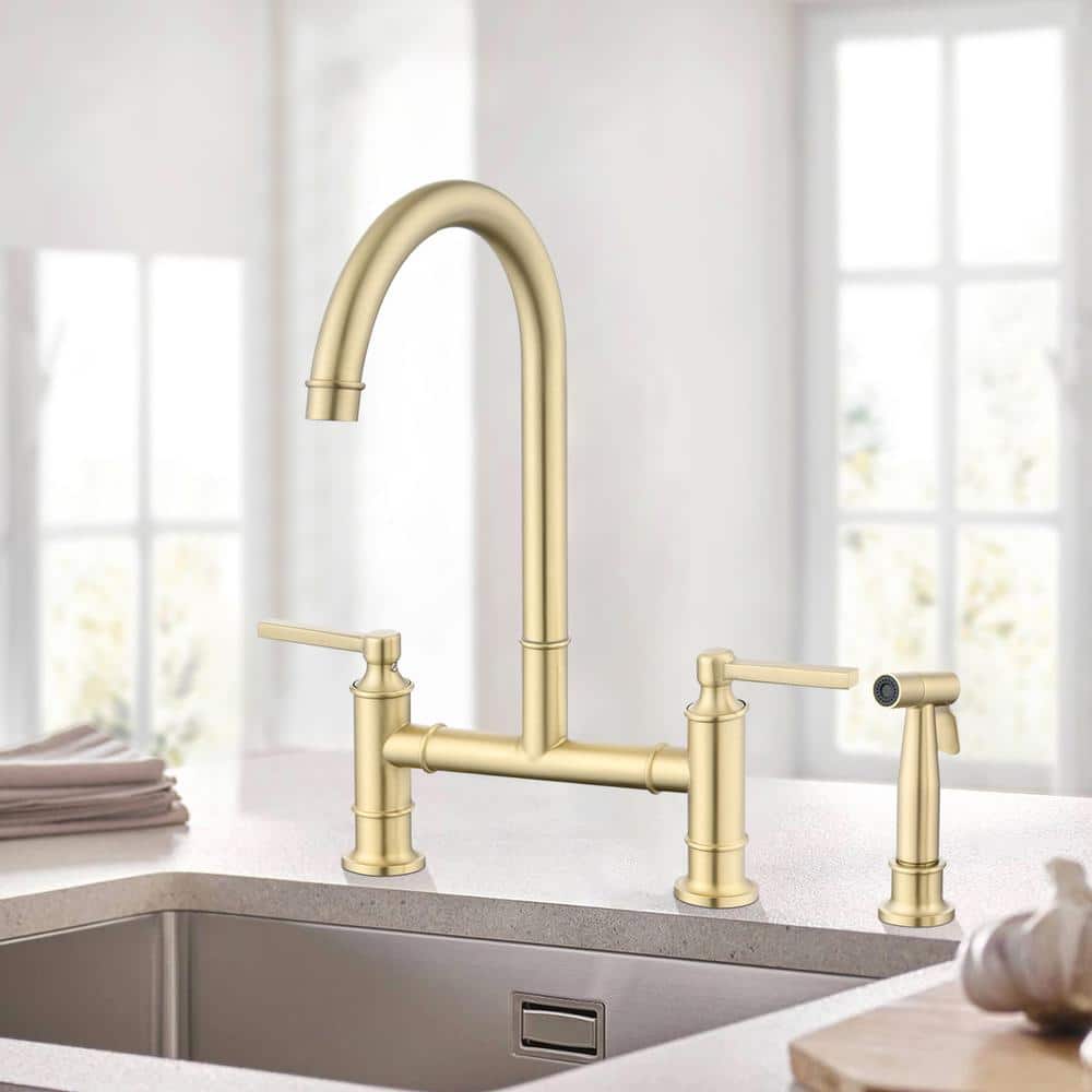 Brushed Gold Stainless Steel Double Handle Bridge Kitchen Faucet