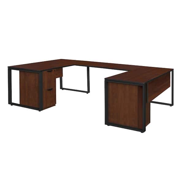 Regency Caranna 66 in. x 30 in. Double Laminate Pedestal U-Desk with 42 in. Bridge - Cherry/Black