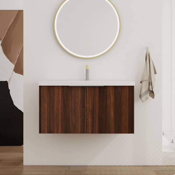 35.4 in. W x 18.1 in. D x 19.3 in. H Wall-Mounted Bath Vanity in Brown with White Resin Vanity Top