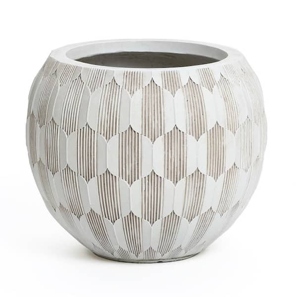 LuxenHome 14.2 in. White and Beige Pattern Round Ceramic Floor Planter