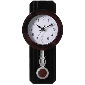 Traditional Black Round Wood- Looking Pendulum Plastic Wall Clock for Living Room, Kitchen, or Dining Room