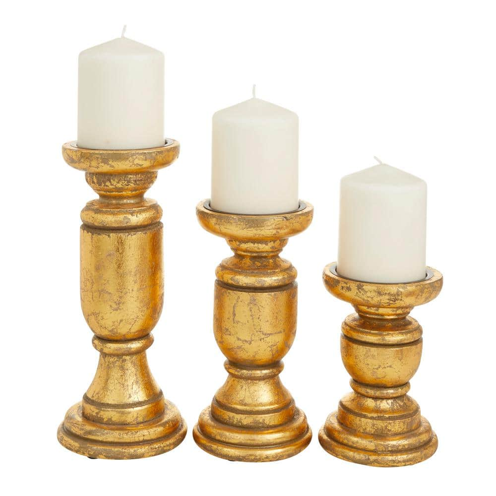 Litton Lane Gold Mango Wood Turned Style Pillar Candle Holder (Set of 3 ...