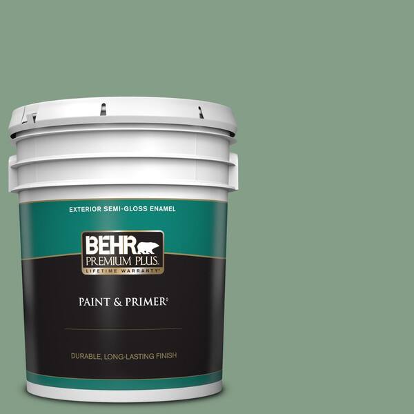 BEHR PREMIUM PLUS 5 gal. #S410-5 Track Green Semi-Gloss Enamel Exterior Paint & Primer