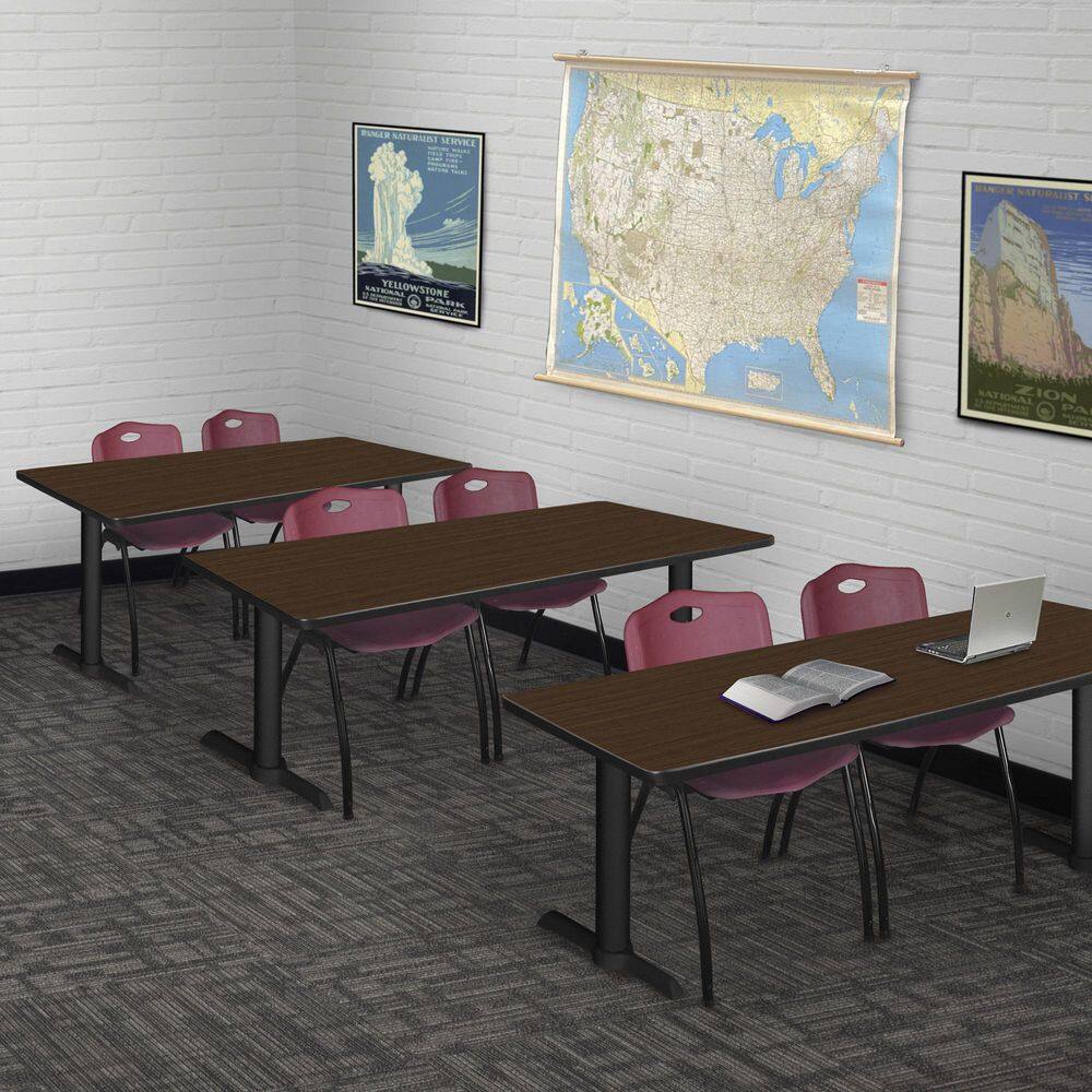 Cain 60 in x 24 in. Neo Walnut T-Base Training Seminar Table Desk & 2 M Stack Chairs-Burgundy