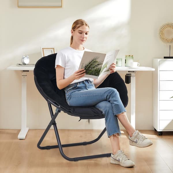 VECELO Folding Moon Chair with Faux Fur Seat, Black Saucer Chair for Teens,  Adults No-Assembly Accent Chair for Bedroom or Dorm THD-OFC19-BLK-B