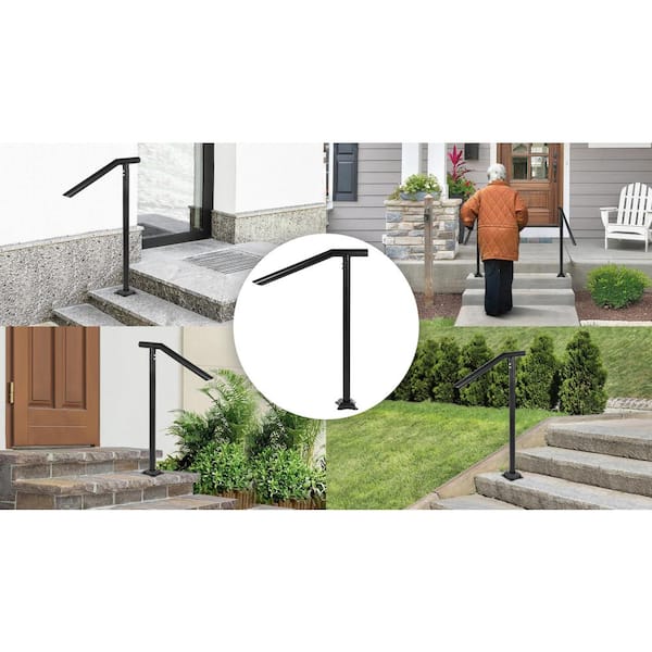 3 ft. Single Post Handrail Fits 2 to 3 Steps Iron Stair Handrail Floor Mounted Handrails for Outdoor Steps, Black
