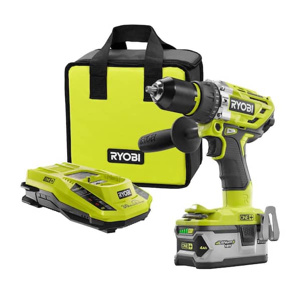 RYOBI ONE+ 18V Lithium-Ion Cordless Brushless 1/2 in. Hammer Drill/Driver Kit with 4.0 Ah LITHIUM+ Battery, Charger & Bag