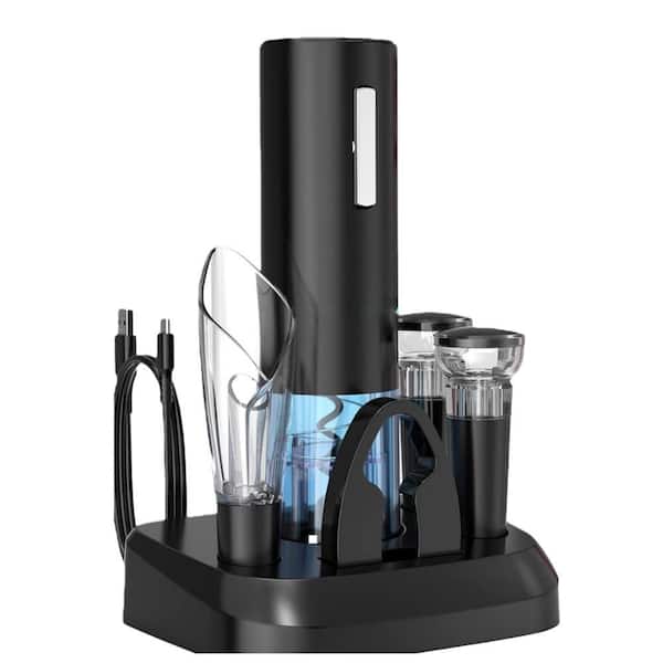 2-in-1 Black Electric Wine Opener with Charging Base, 2 Vacuum Preservation Stoppers and Display Charging Station