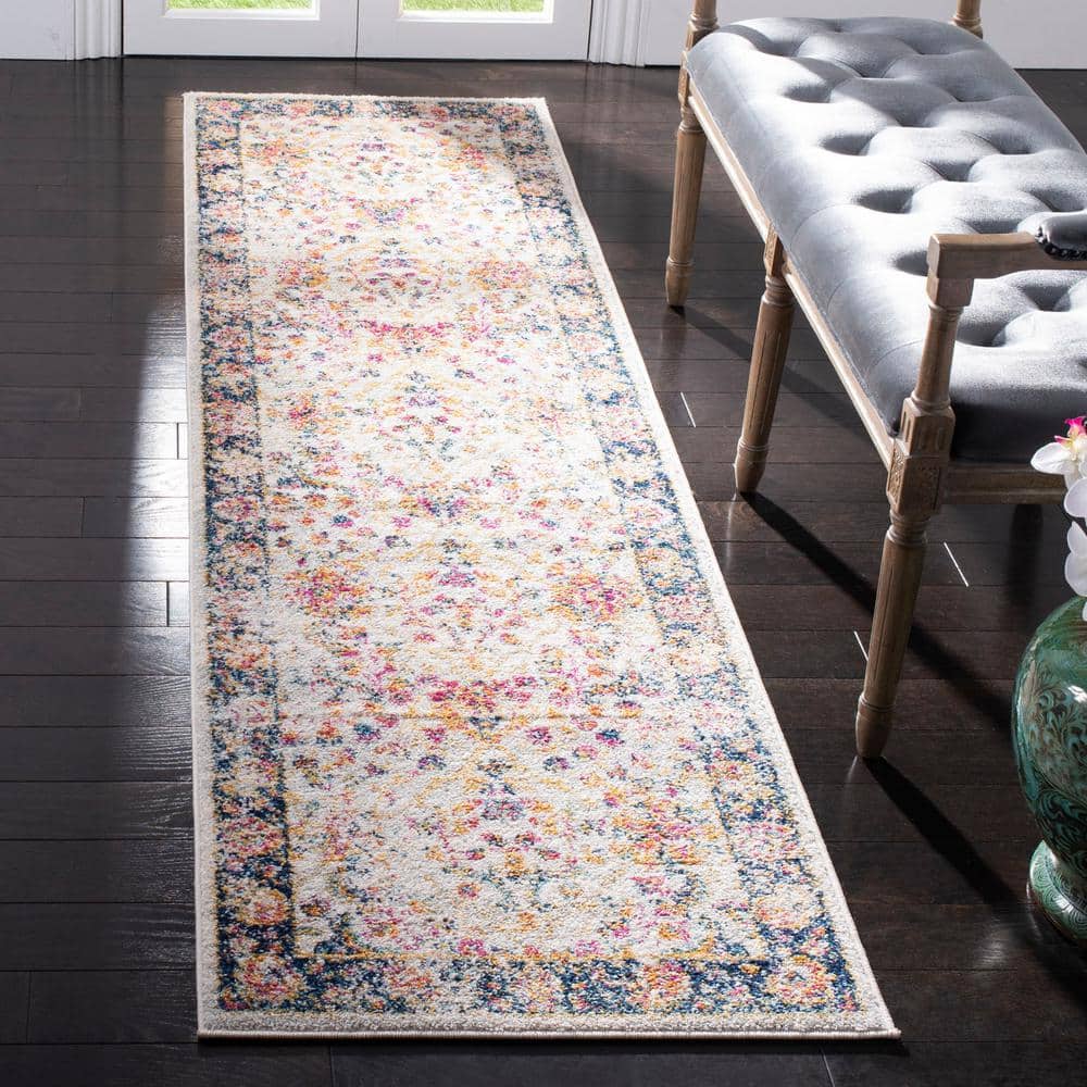 Cream and Navy Floral Motif Runner Rug