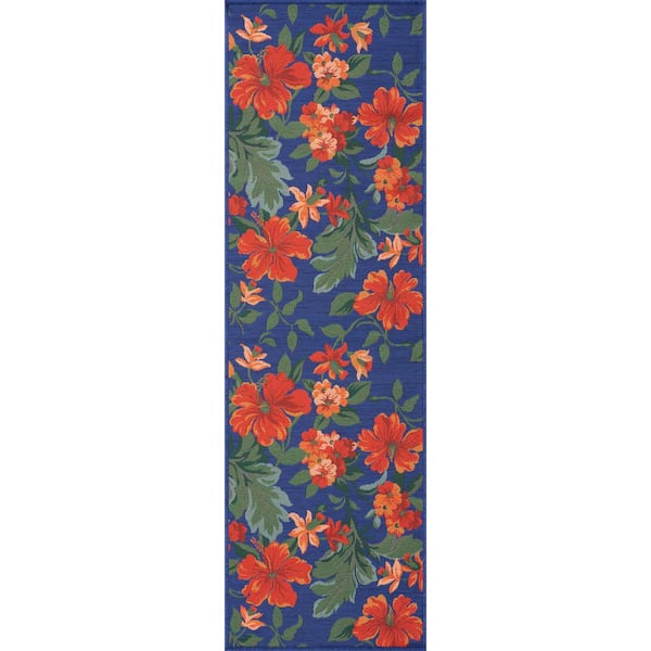 Tayse Rugs Stunning Blue 2 ft. x 8 ft. Floral Indoor/Outdoor Runner Rug