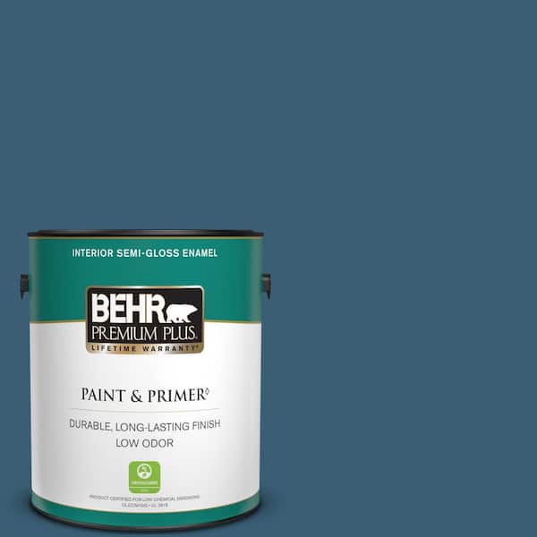 BEHR PREMIUM PLUS 1 gal. #S490-7 Superior Blue Semi-Gloss Enamel Low Odor Interior Paint & Primer