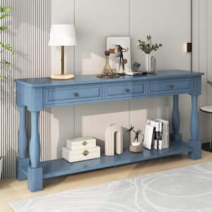 63 in. Navy Blue Rectangle Wood Long Console Table with Drawers and Shelf