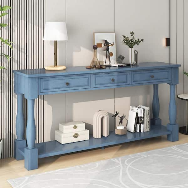 Nestfair 63 in. Navy Blue Rectangle Wood Long Console Table with Drawers and Shelf
