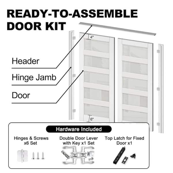60 in. x 80 in. Universal 5-Lite Frosted Glass White Solid Core MDF Double French Door with Quick Assemble Jamb