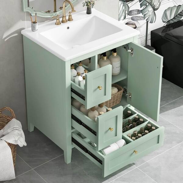 24 in. Freestanding Green Bath Vanity with White Ceramic Top, Removable Dividers and Adjustable Shelf