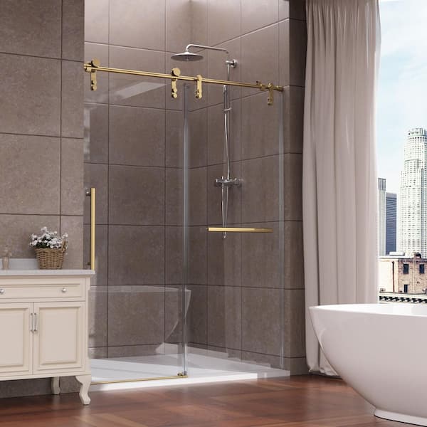 56-60 in. W x 76 in. H Sliding Frameless Glass Shower Door, Handle and Seal Strip for Waterproof, Stylish, Modern,Golden