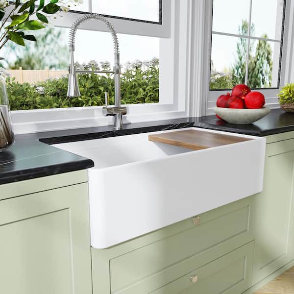PELHAM & WHITE Homestead 36 in. Single Bowl Fireclay Farmhouse Apron Kitchen Sink in White with Basin Rack and Cutting Board