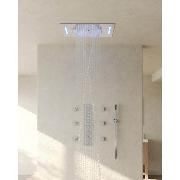 EVERSTEIN 31-Spray 23 x 15in. Dual Shower Heads Ceiling Mount Fixed and Handheld Shower Head with Music in Brushed Nickel