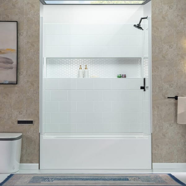 32 in. x 60 in. x 64 in. 4-Piece Easy Glue Up Alcove Tub Surrounds with Built-In Shelves in High Gloss White